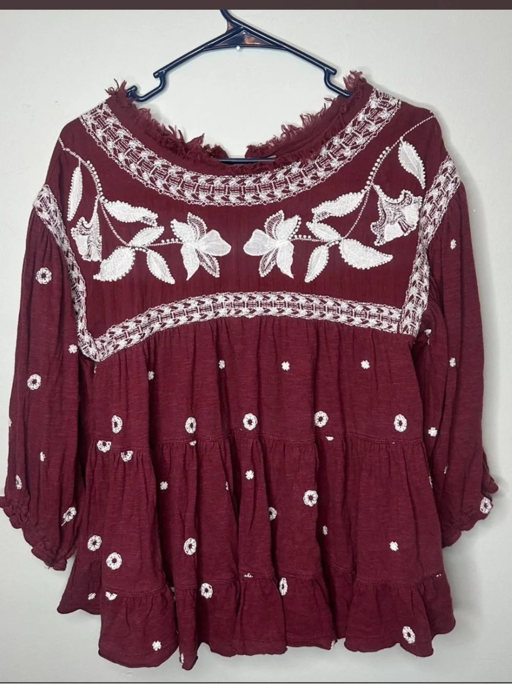 Free People Edie Top Sweet Raisin Maroon Embroidered Boho Peasant Blouse Size XS